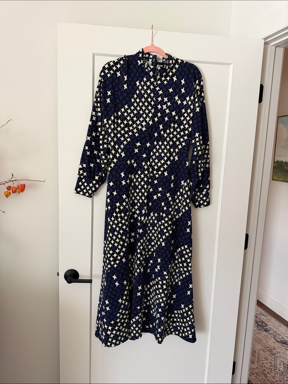 ME+EM Navy and White Printed Long Sleeve Midi Dress